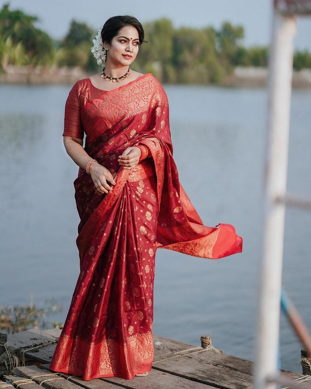 Majesty Red Soft Silk Saree With Elision Blouse Piece