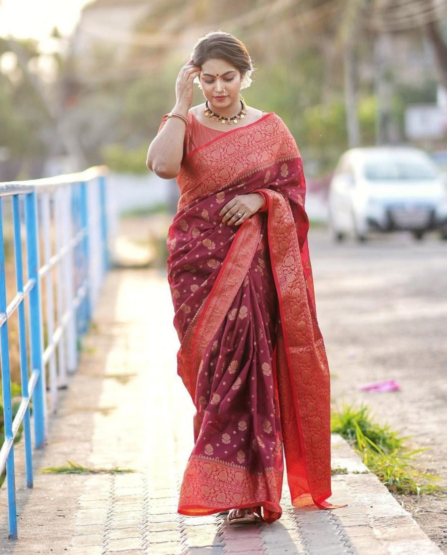 Majesty Red Soft Silk Saree With Elision Blouse Piece