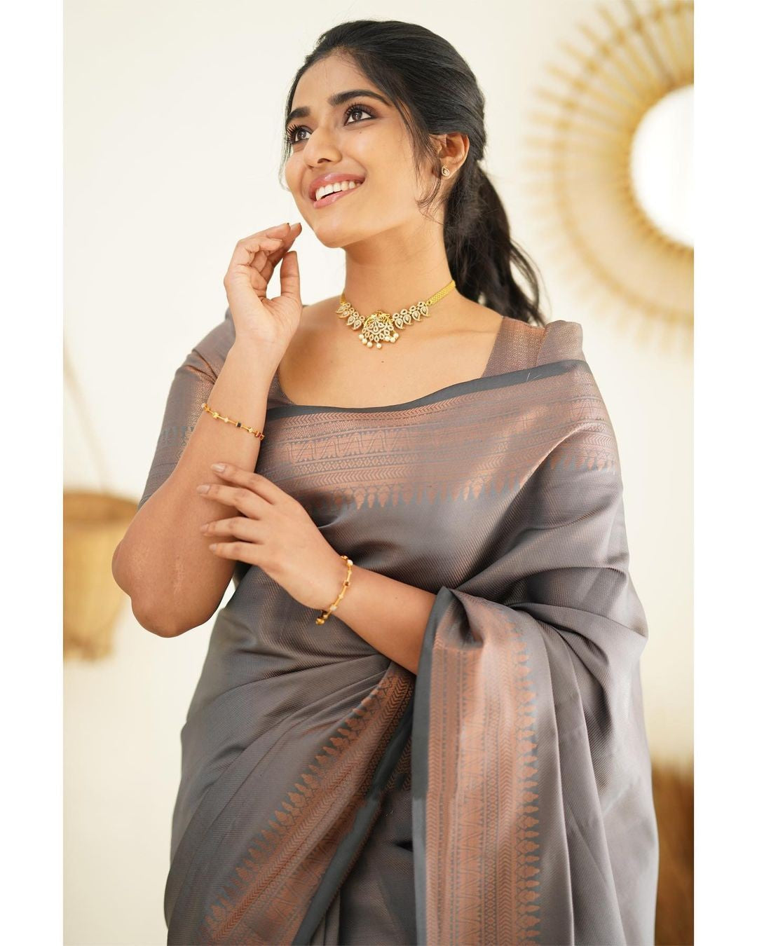 Magnetic Grey Soft Silk Saree With Palimpsest Blouse Piece