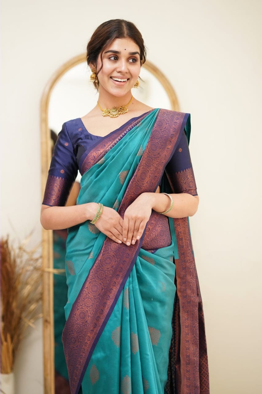 Eloquence Firozi Soft Silk Saree with Scintilla Blouse Piece
