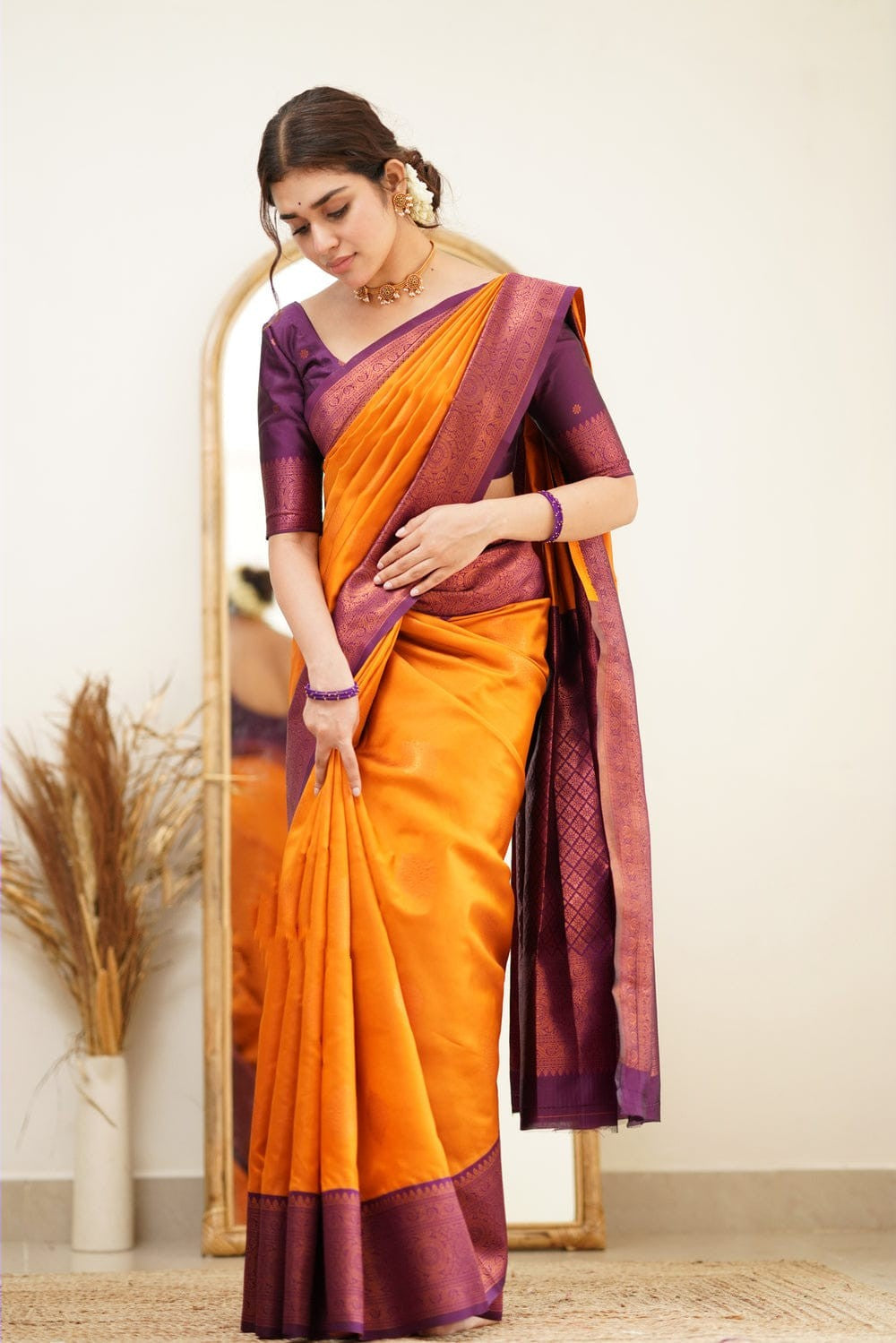 Smashing Yellow Soft Silk Saree with Proficient Artistic Piece