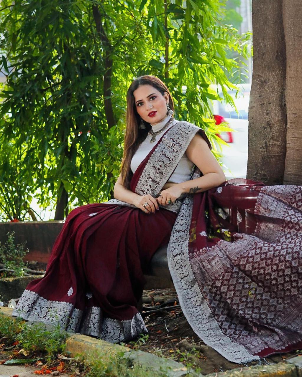 Sensational Wine Soft Banarasi Silk Saree With Attractive Blouse Piece
