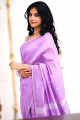 Ephemeral Lavender Cotton Silk Saree With Artistic Blouse Piece