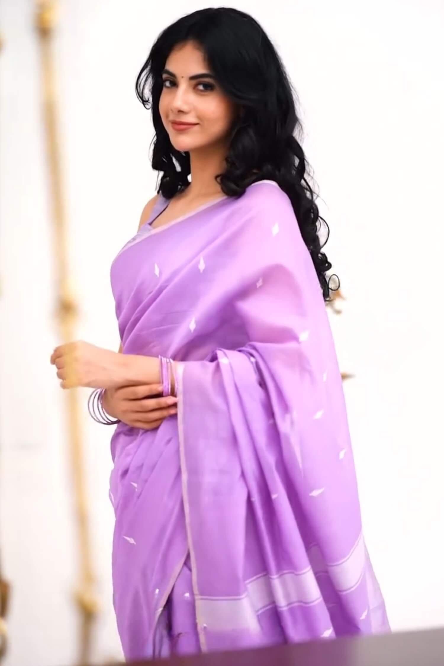 Ephemeral Lavender Cotton Silk Saree With Artistic Blouse Piece