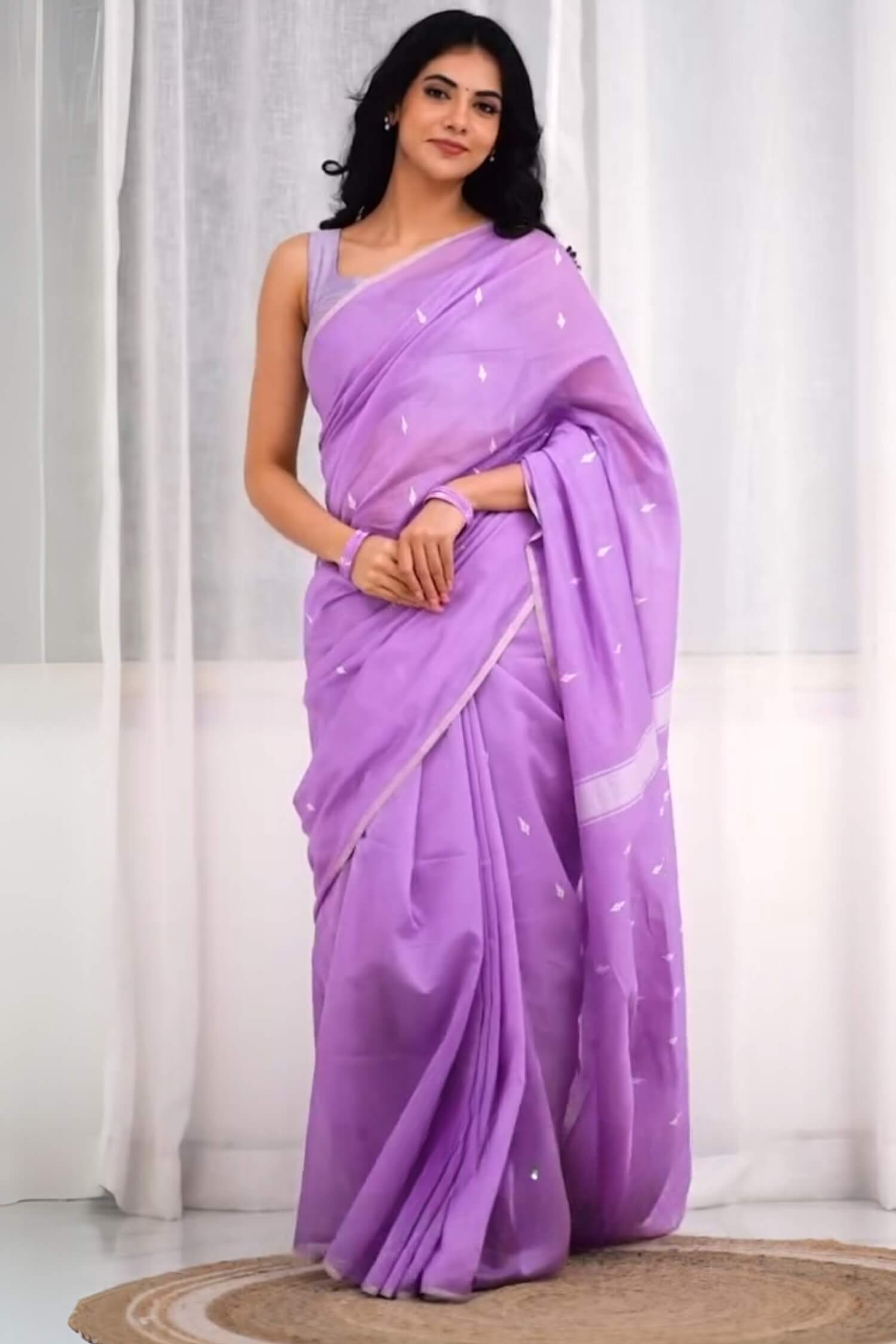 Ephemeral Lavender Cotton Silk Saree With Artistic Blouse Piece