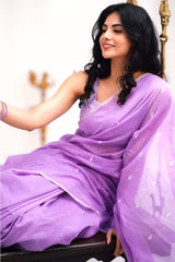 Ephemeral Lavender Cotton Silk Saree With Artistic Blouse Piece