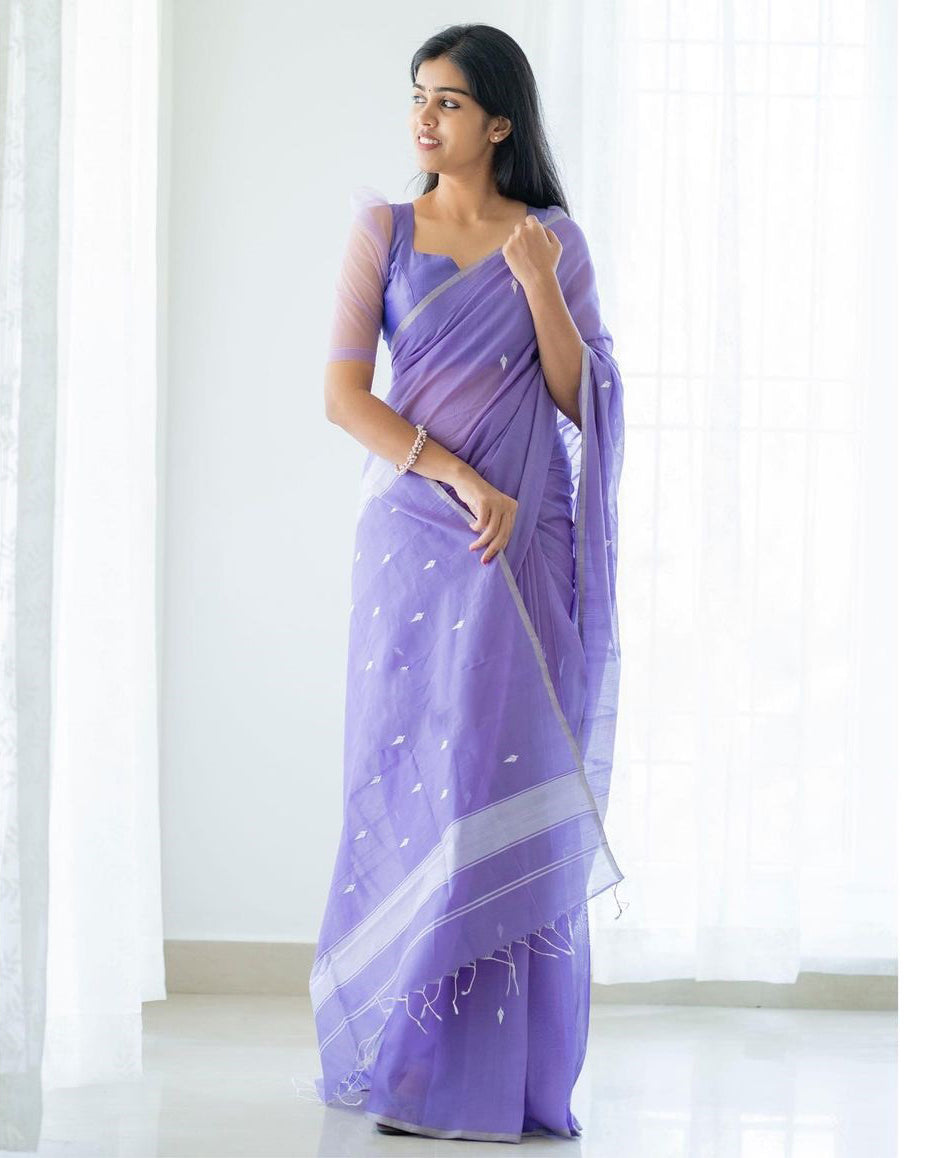 Magnetic Lavender Cotton Silk Saree With Woebegone Blouse Piece