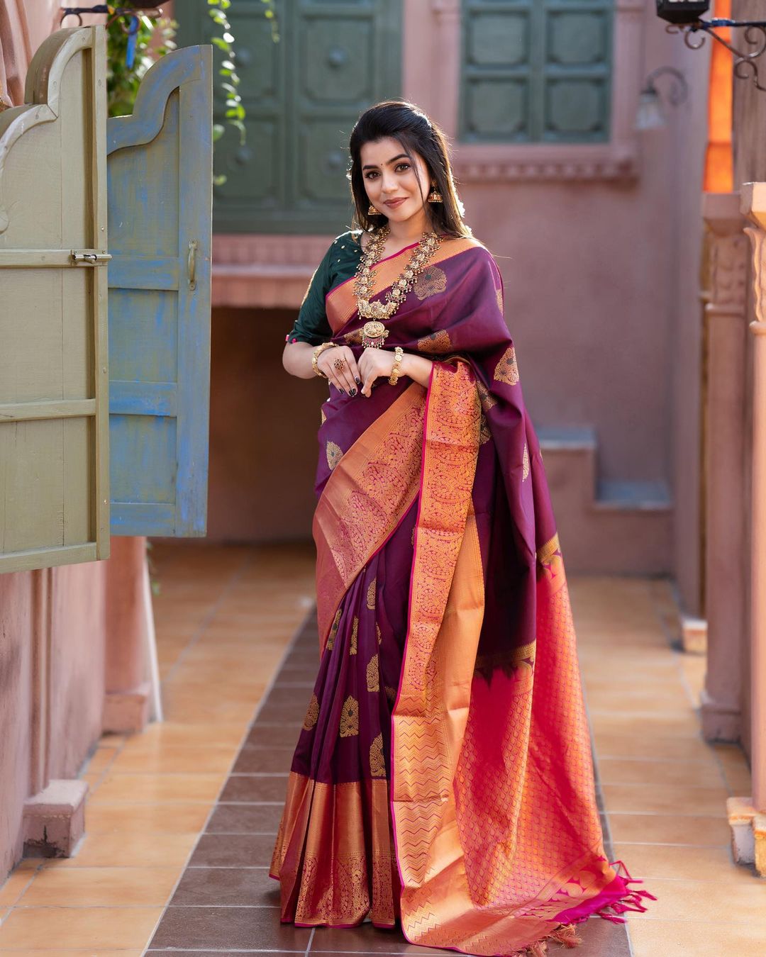 Incredible Wine Soft Banarasi Silk Saree With Adorable Blouse Piece