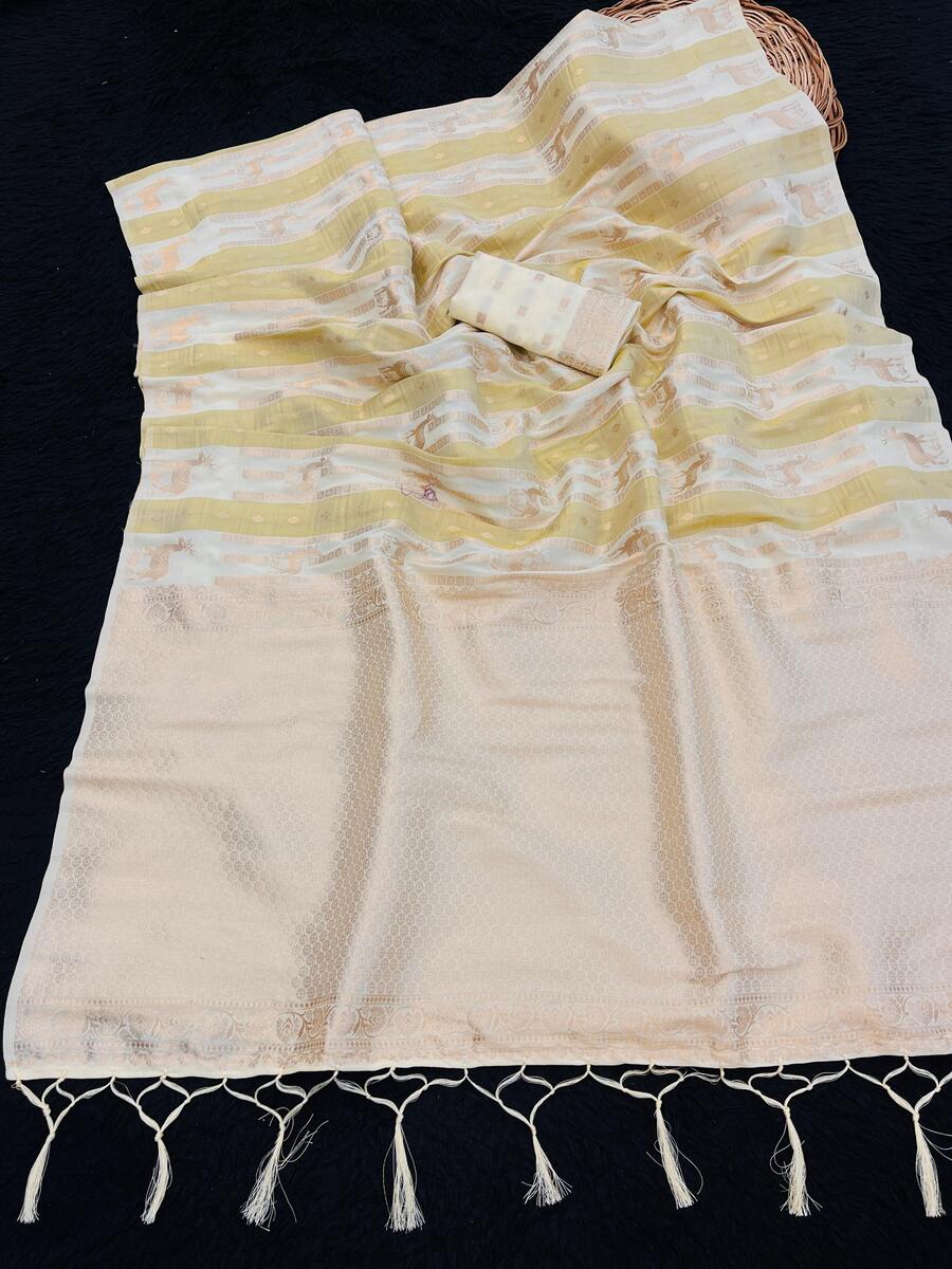 Alluring Beige Banarasi Tissue Silk Saree With Dalliance Blouse Piece
