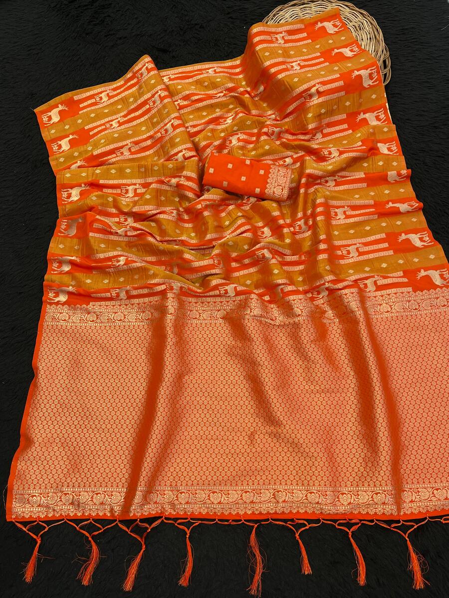 Outstanding Orange Banarasi Tissue Silk Saree With Majestic Blouse Piece