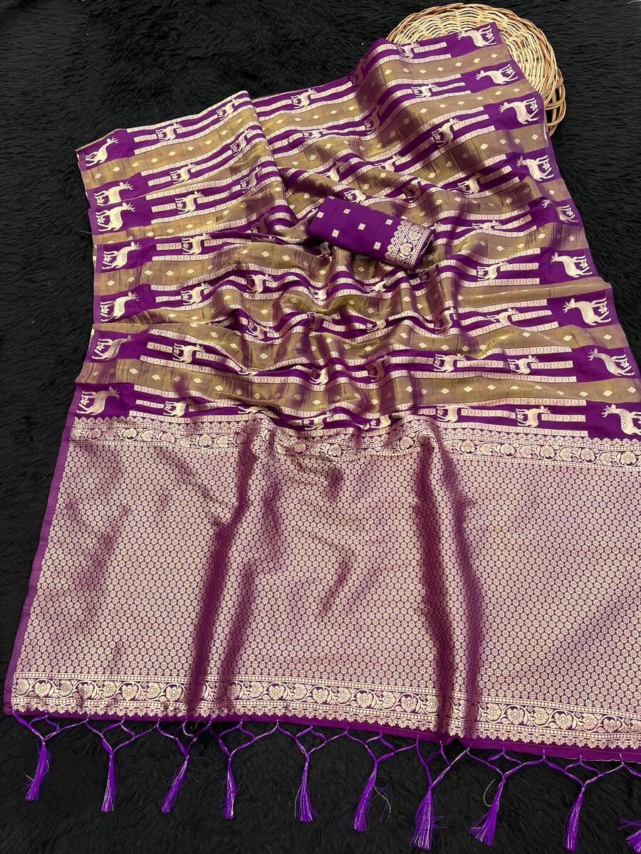 Incredible Purple Banarasi Tissue Silk Saree With Snappy Blouse Piece