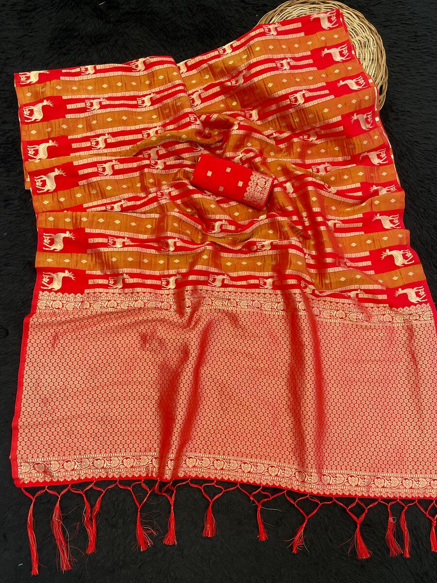 Inimitable Red Banarasi Tissue Silk Saree With Epiphany Blouse Piece