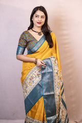 Symmetrical Mustard Digital Printed Dola Silk Saree With Transcendent Blouse Piece