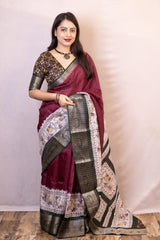 Proficient Wine Digital Printed Dola Silk Saree With Whimsical Blouse Piece