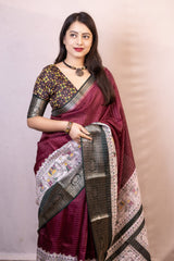 Proficient Wine Digital Printed Dola Silk Saree With Whimsical Blouse Piece