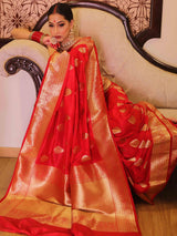 Fairytale Red Soft Silk Saree With Ailurophile Blouse Piece