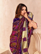 Ethnic Blue Nylon Dola Pashmina Saree With Assemblage Blouse Piece