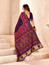 Ethnic Blue Nylon Dola Pashmina Saree With Assemblage Blouse Piece