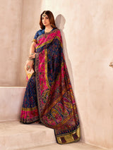 Radiant Navy Blue Nylon Dola Pashmina Saree With Luminous Blouse Piece