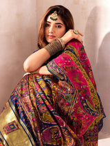 Radiant Navy Blue Nylon Dola Pashmina Saree With Luminous Blouse Piece