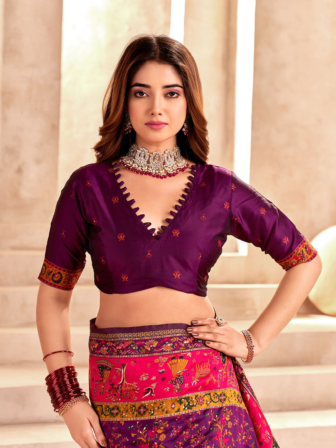 Prominent Purple Nylon Dola Pashmina Saree With Entrancing Blouse Piece