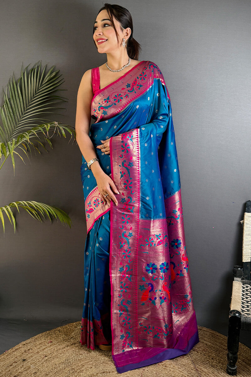 Comely Blue Paithani Silk Saree With Enigmatic Blouse Piece