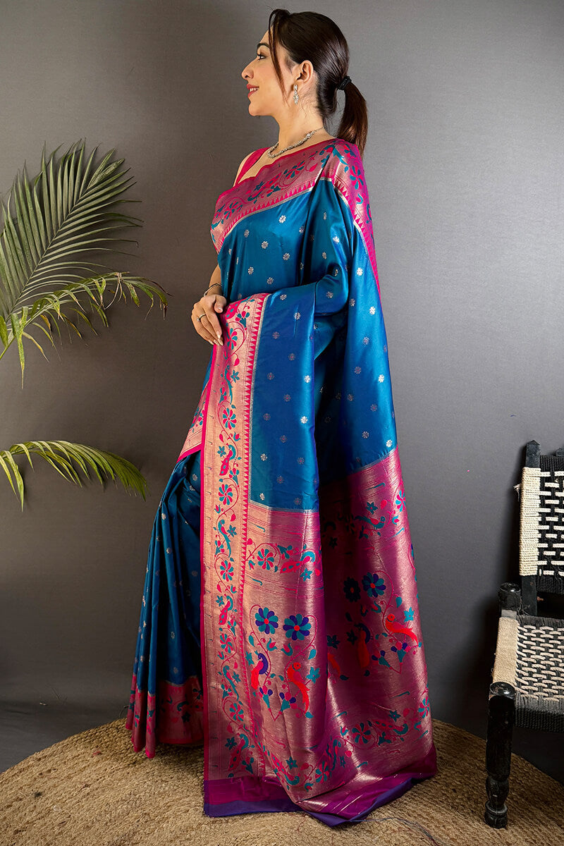Comely Blue Paithani Silk Saree With Enigmatic Blouse Piece