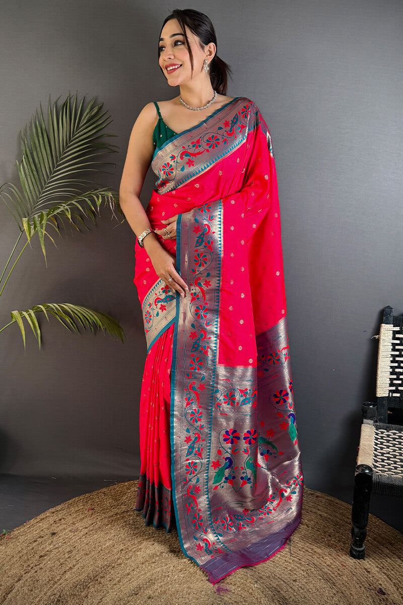 Blissful Dark Pink Paithani Silk Saree With Conflate Blouse Piece