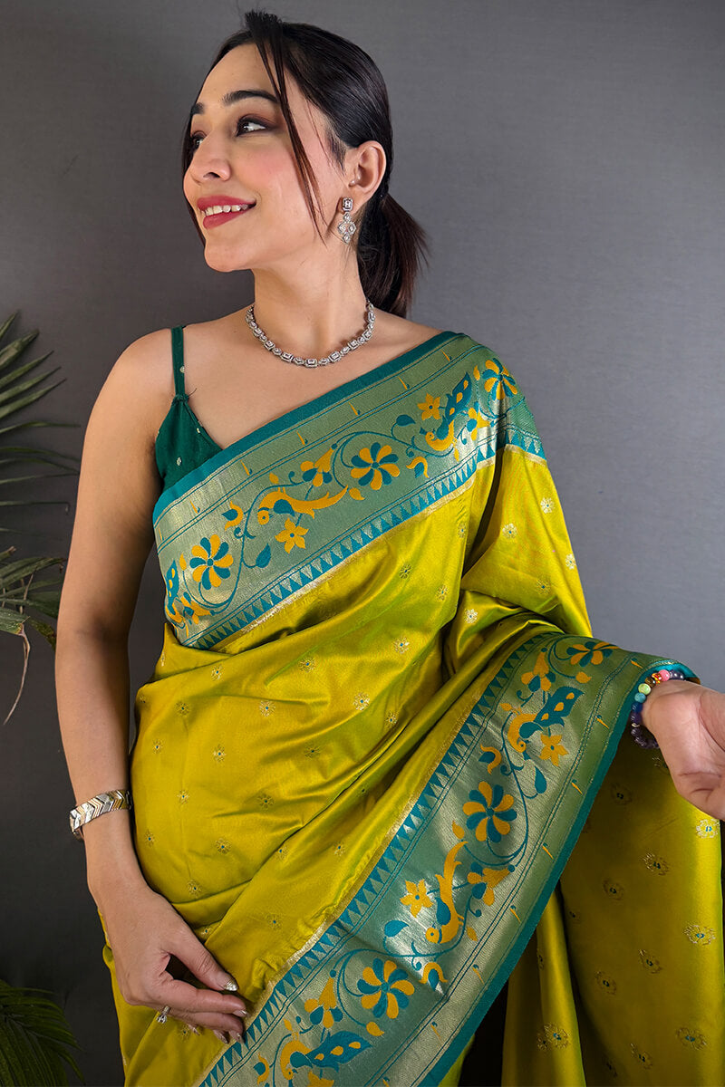 Sempiternal Mustard Paithani Silk Saree With Glittering Blouse Piece