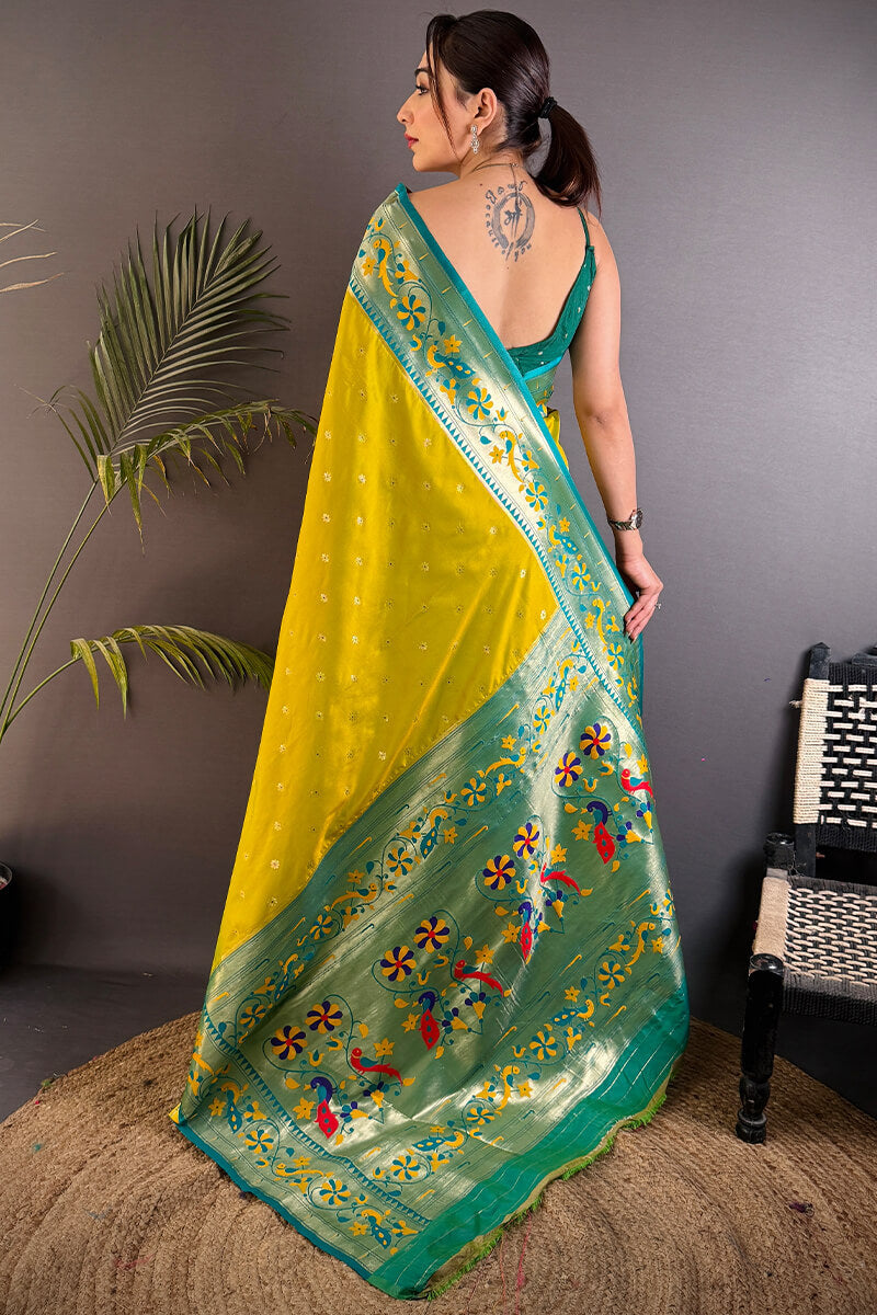 Sempiternal Mustard Paithani Silk Saree With Glittering Blouse Piece