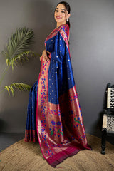 Quixotic Navy Blue Paithani Silk Saree With Pleasurable Blouse Piece