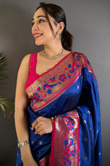 Quixotic Navy Blue Paithani Silk Saree With Pleasurable Blouse Piece