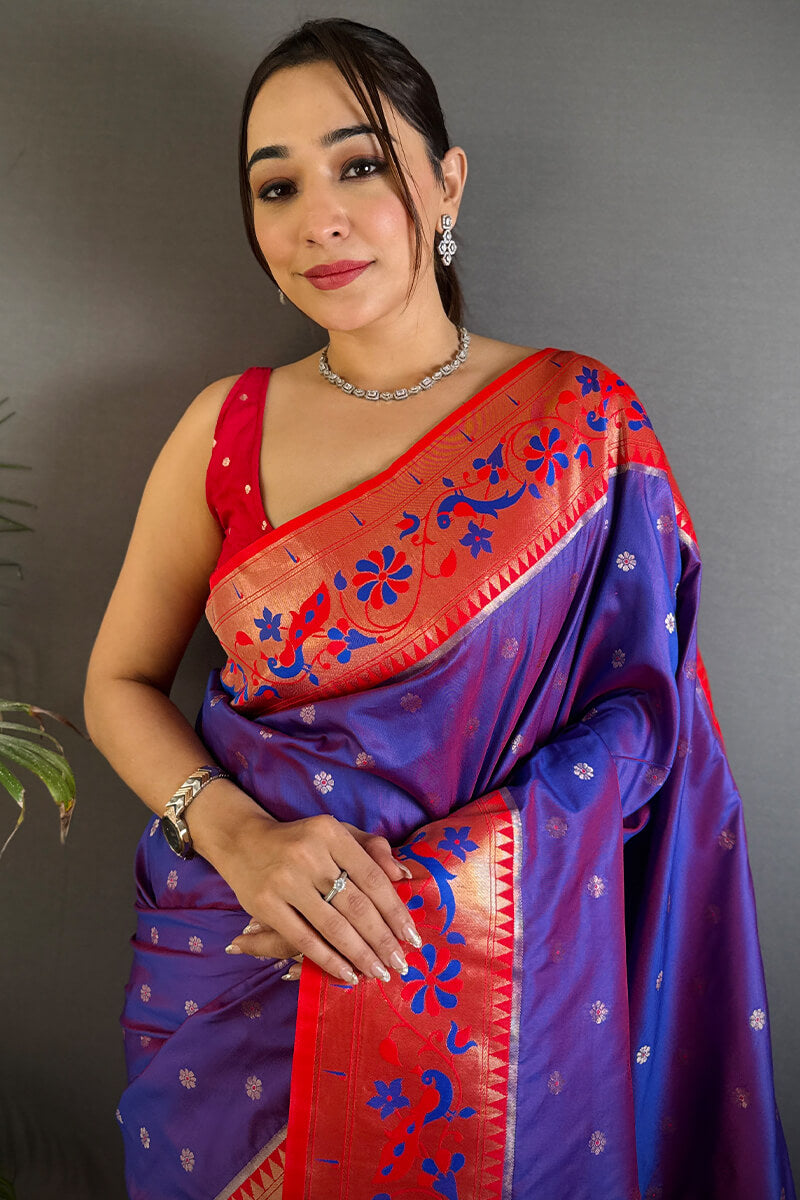 Resonant Royal Purple Paithani Silk Saree With Evanescent Blouse Piece