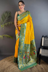 Energetic Yellow Paithani Silk Saree With Palimpsest Blouse Piece