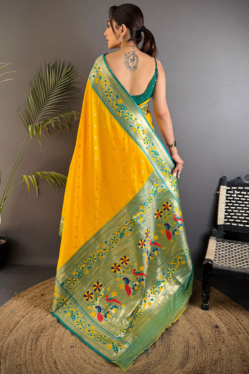 Energetic Yellow Paithani Silk Saree With Palimpsest Blouse Piece