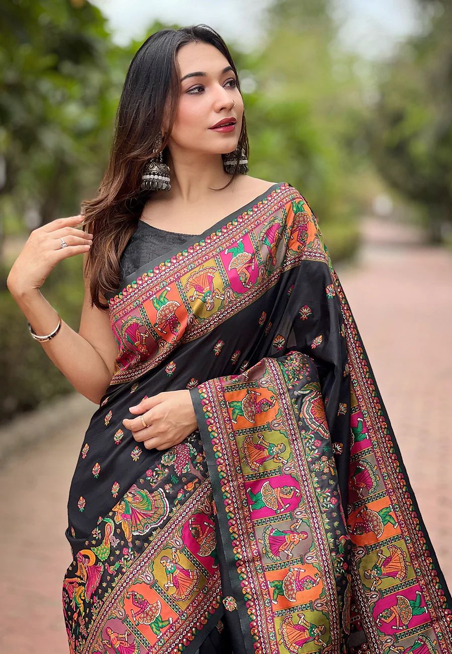 Lovely Black Nylon Dola Pashmina Saree With Precious Blouse Piece