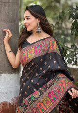 Lovely Black Nylon Dola Pashmina Saree With Precious Blouse Piece