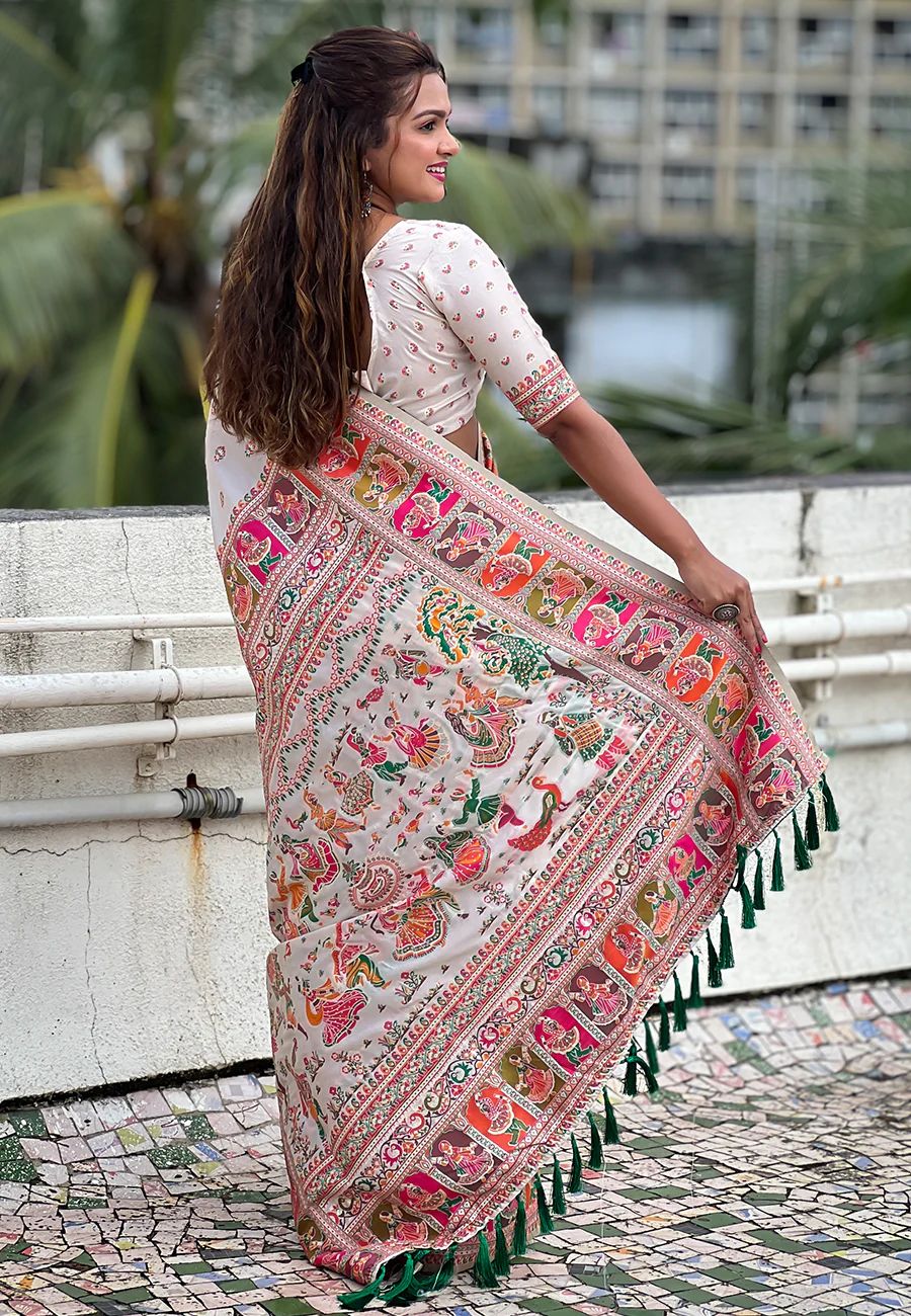 Divine Off White Nylon Dola Pashmina Saree With Seraphic Blouse Piece