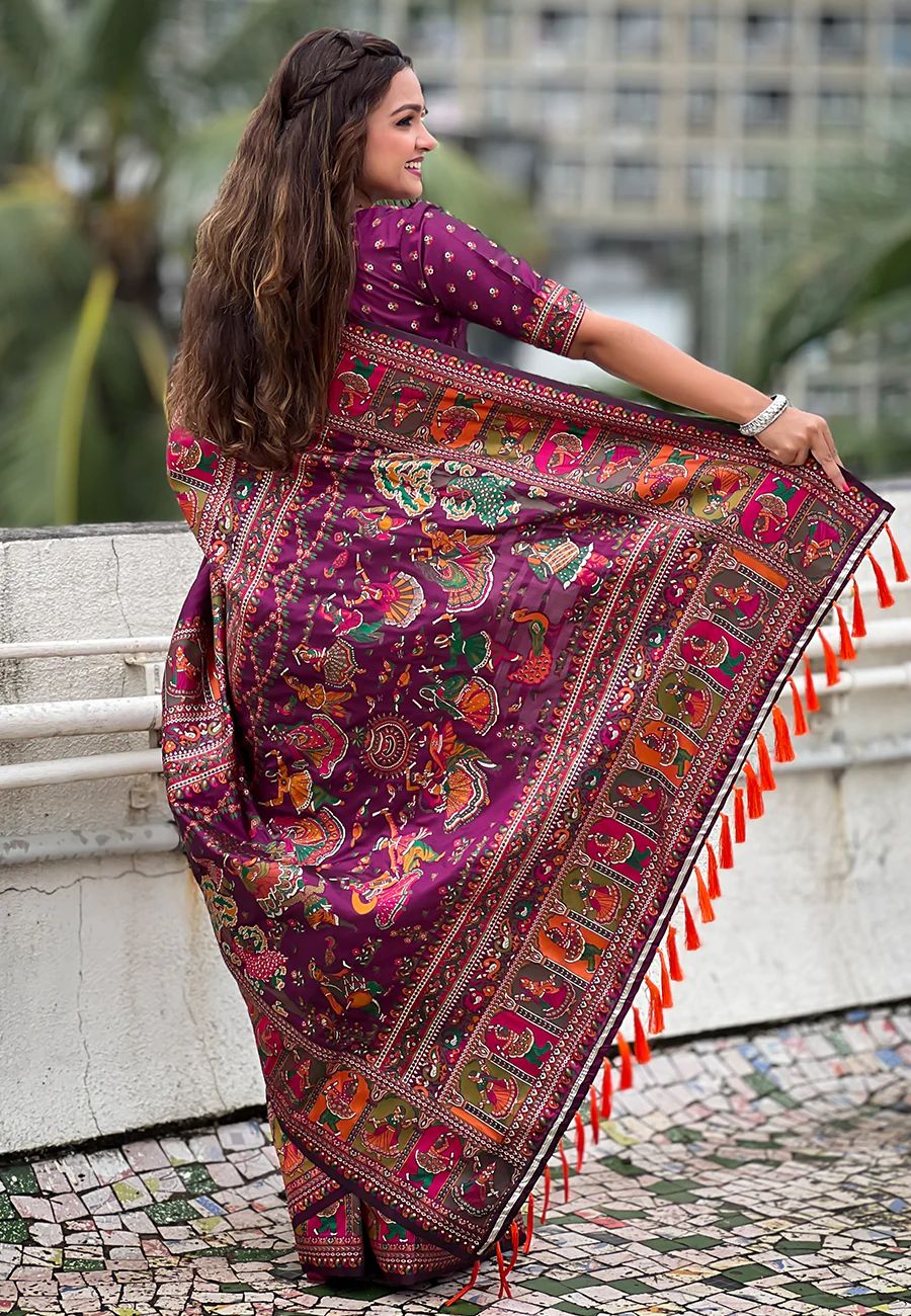 Bewitching Purple Nylon Dola Pashmina Saree With Mesmerising Blouse Piece