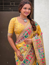 Unequalled Yellow Nylon Dola Pashmina Saree With Designer Blouse Piece