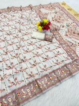Diaphanous Off White Nylon Dola Pashmina Saree With Zephyr Blouse Piece