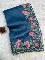 Opulent Blue Embroidery Work Crush Silk Saree With Lagniappe Blouse Piece