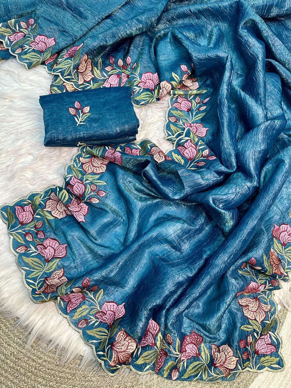 Opulent Blue Embroidery Work Crush Silk Saree With Lagniappe Blouse Piece