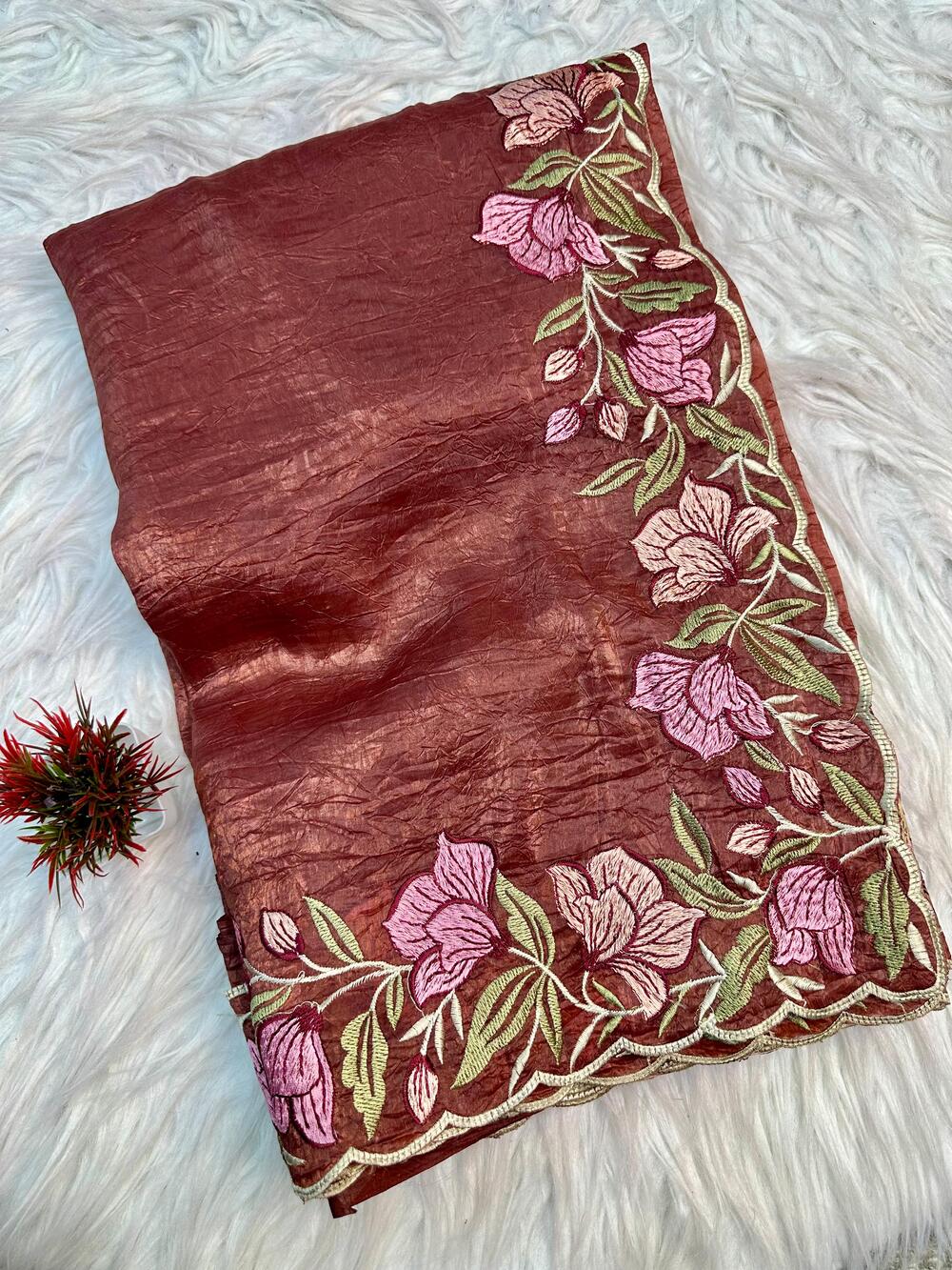 Sophisticated Brown Embroidery Work Crush Silk Saree With Imaginative Blouse Piece