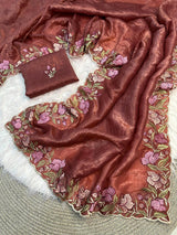Sophisticated Brown Embroidery Work Crush Silk Saree With Imaginative Blouse Piece