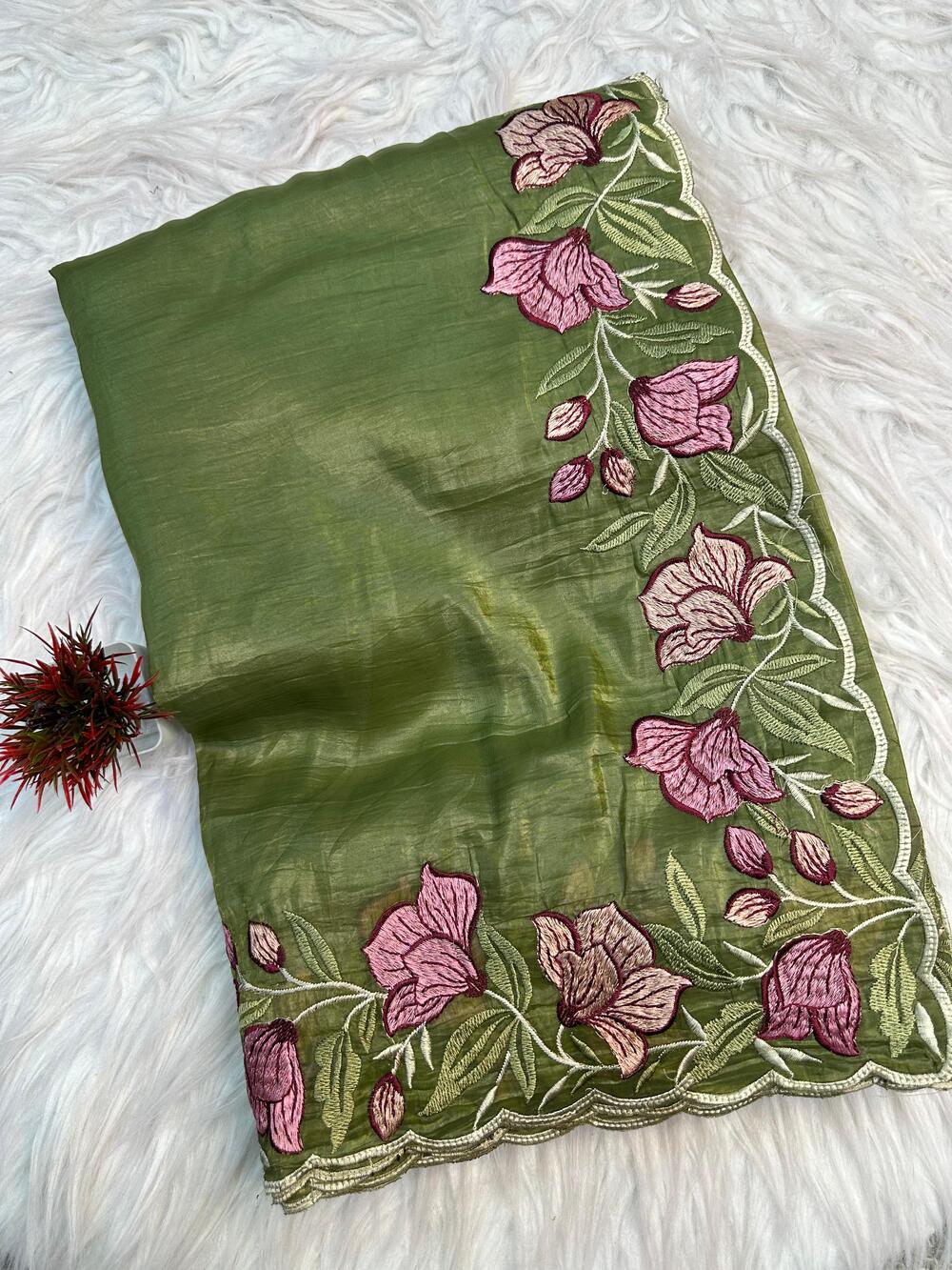 Stunning Green Embroidery Work Crush Silk Saree With Divine Blouse Piece