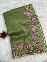 Stunning Green Embroidery Work Crush Silk Saree With Divine Blouse Piece
