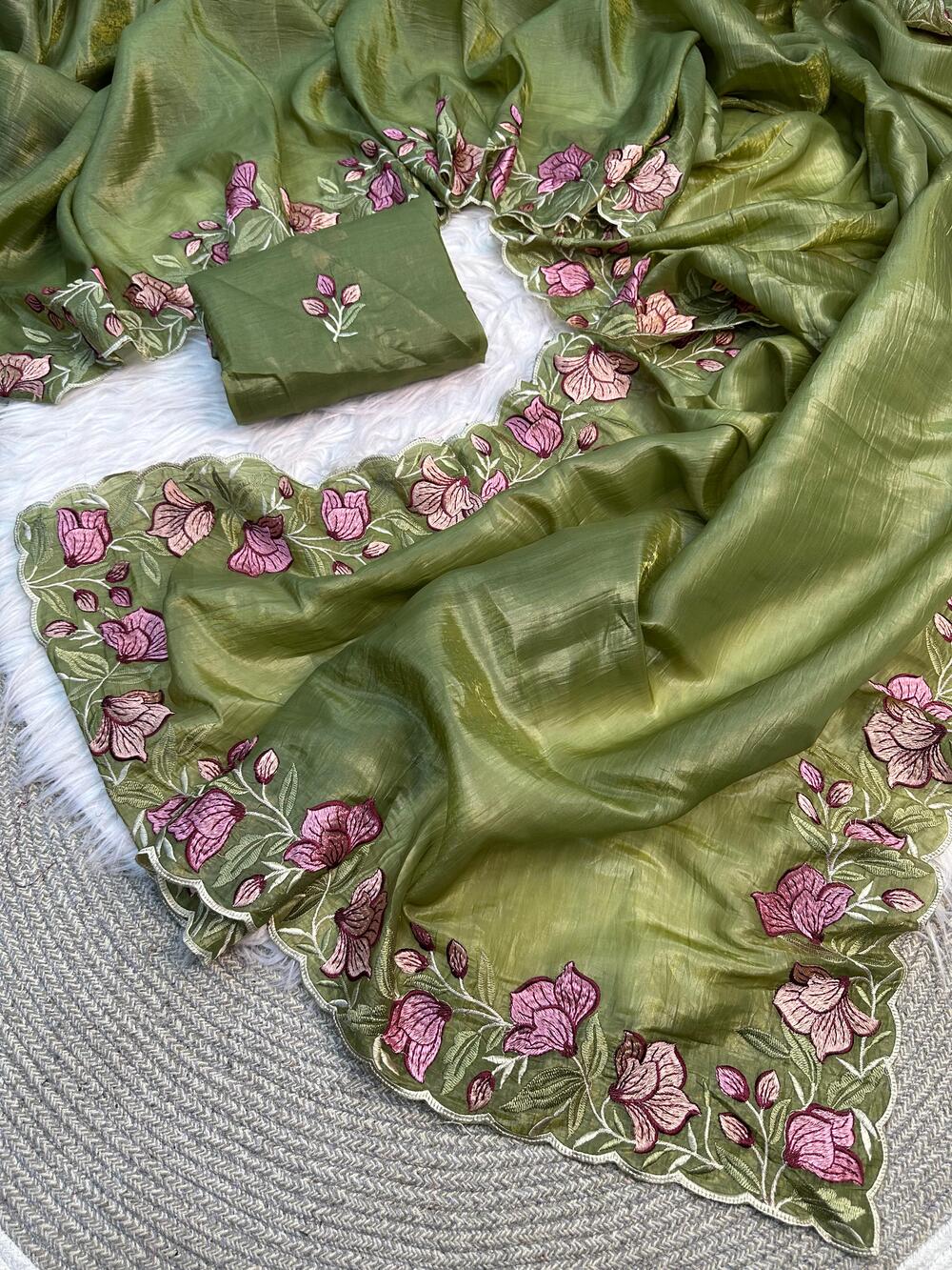 Stunning Green Embroidery Work Crush Silk Saree With Divine Blouse Piece