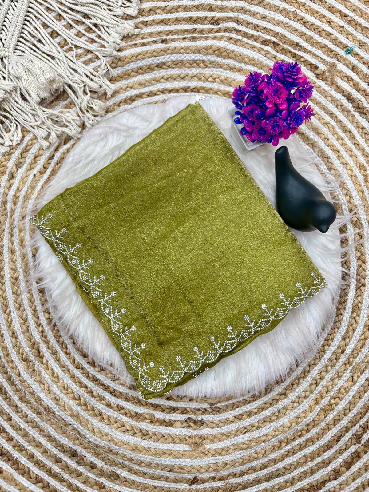 Tremendous Green Swarovski Work Fandy Silk Saree With Aplomb Blouse Piece