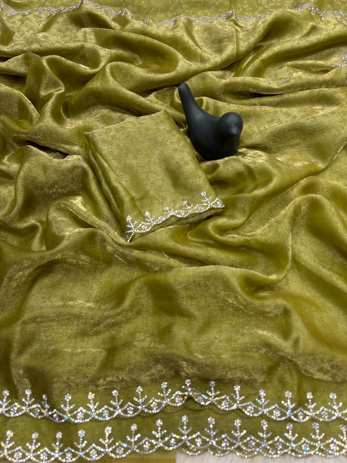 Tremendous Green Swarovski Work Fandy Silk Saree With Aplomb Blouse Piece